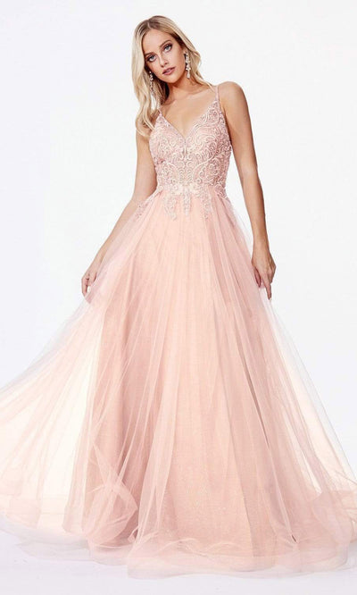 Cinderella Divine - Lace Spaghetti Strap A-Line Gown With Slit KC897SC In Pink