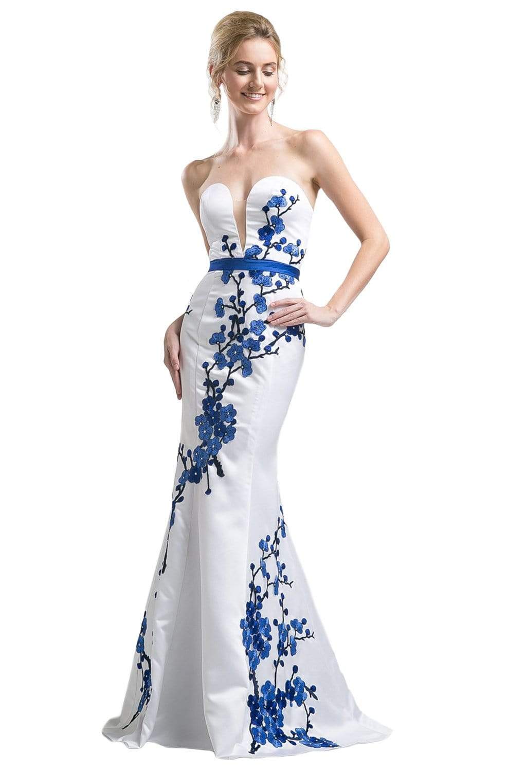 Cinderella Divine - KD052 Plunging Appliqued Mermaid Gown Evening Dresses 2 / White/Royal