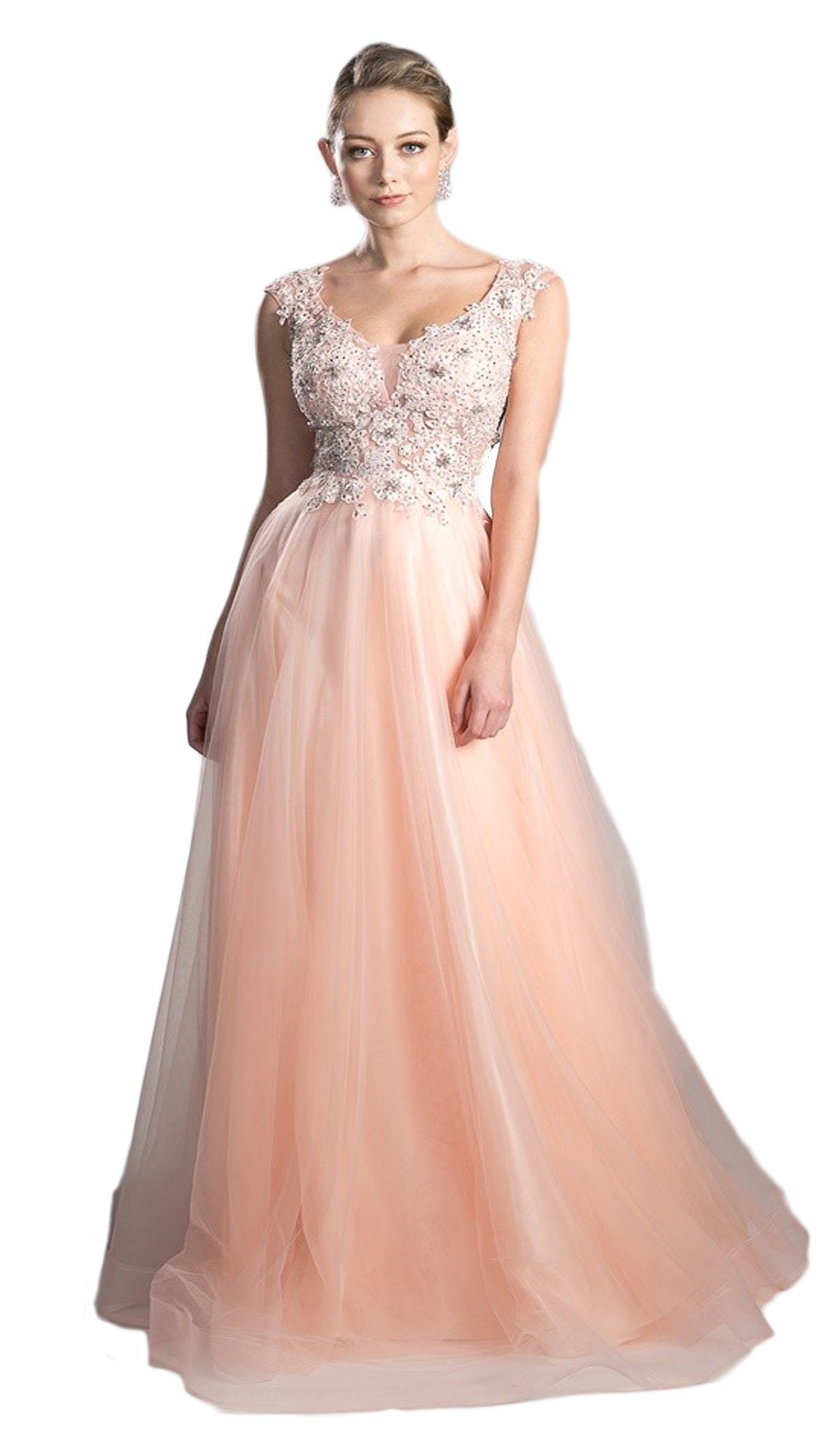 Cinderella Divine - KV1015 Embellished Scoop Neck A-line Dress Special Occasion Dress 2 / Peach