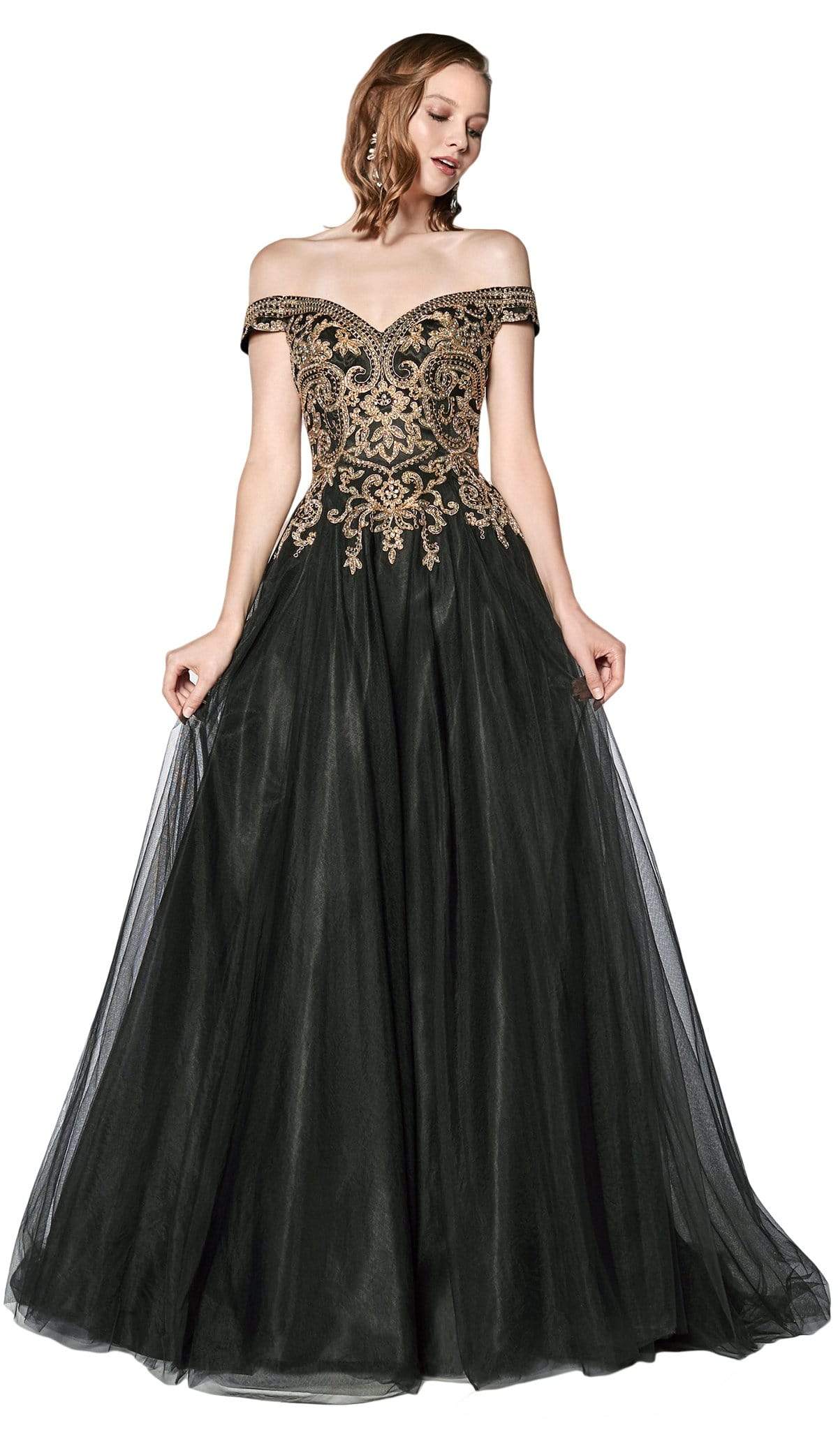 Cinderella Divine - KV1032 Beaded Off-Shoulder A-Line Gown Special Occasion Dress 2 / Black