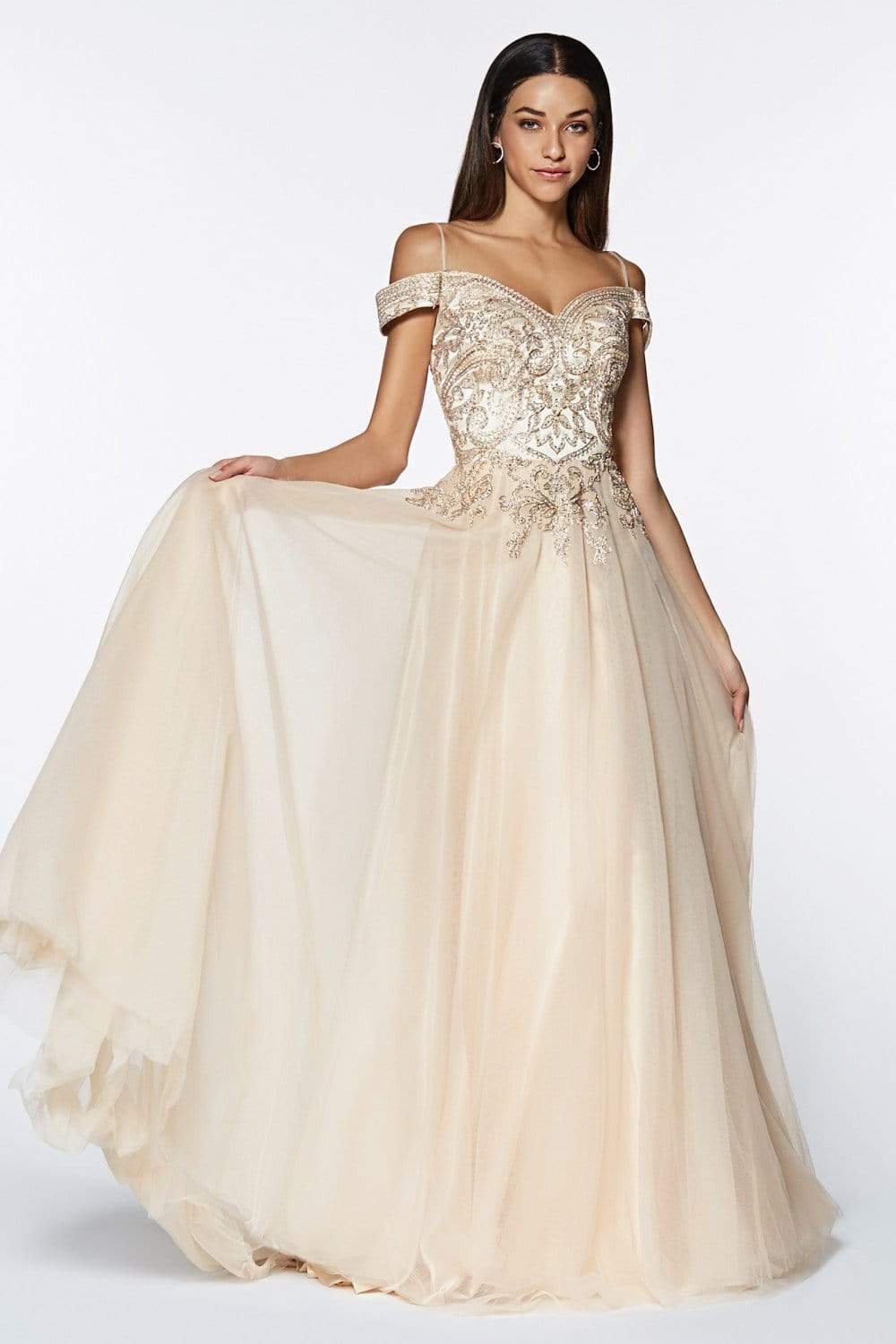 Cinderella Divine - KV1032 Beaded Off-Shoulder A-Line Gown Special Occasion Dress 2 / Champagne