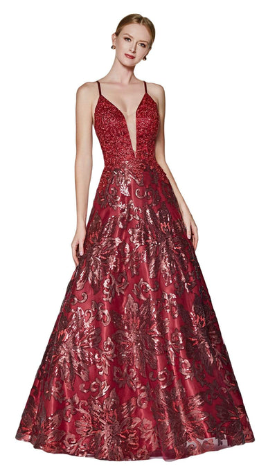 Cinderella Divine - ML923 Sequined Deep V-neck A-line Dress Special Occasion Dress S / Burgundy