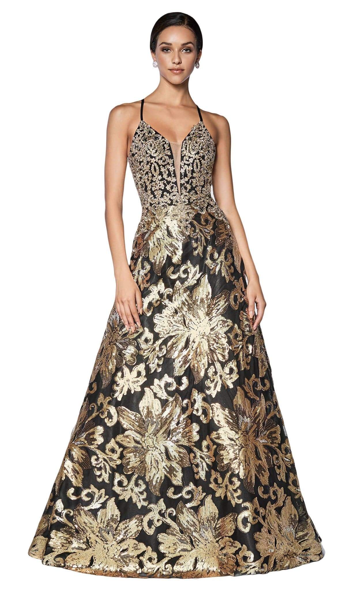 Cinderella Divine - ML923 Sequined Deep V-neck A-line Dress Special Occasion Dress S / Gold/Black