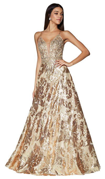 Cinderella Divine - ML923 Sequined Deep V-neck A-line Dress Special Occasion Dress S / Gold/Gold