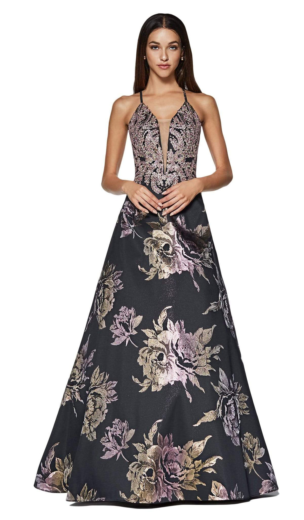 Cinderella Divine - ML924 Floral Plunging V-Neck Evening Gown Special Occasion Dress XS / Black