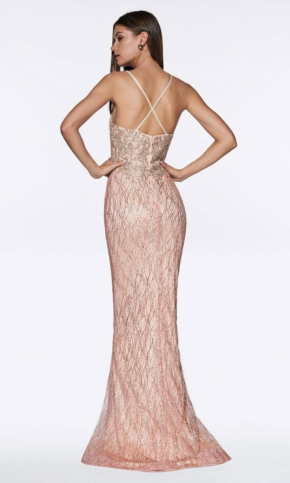 Cinderella Divine - Sleeveless V-Neck Glitter Lace Mermaid Gown ML934 - 2 pcs Rose Gold in sizes M and L Available CCSALE L / Rose Gold