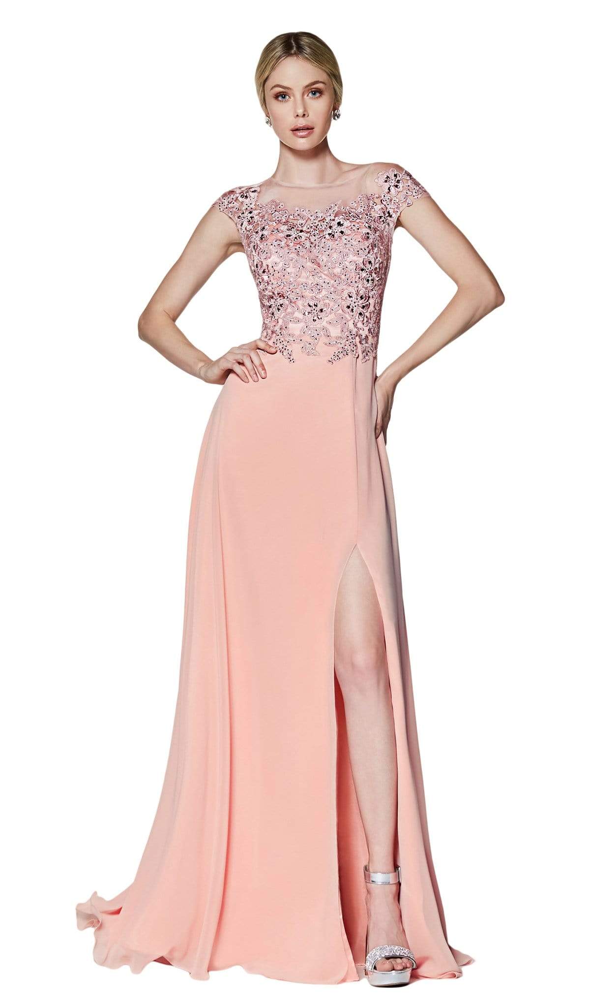 Cinderella Divine - ML937 Beaded Floral Lace Ornate Chiffon Gown Special Occasion Dress XS / Blush