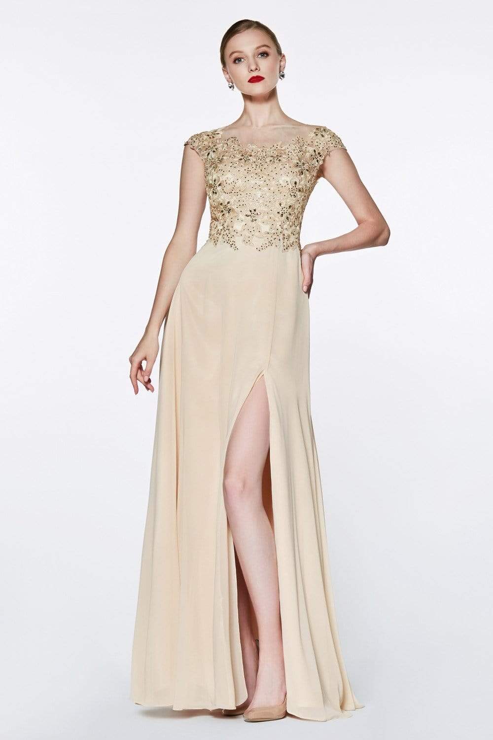 Cinderella Divine - ML937 Beaded Floral Lace Ornate Chiffon Gown Special Occasion Dress XS / Champagne