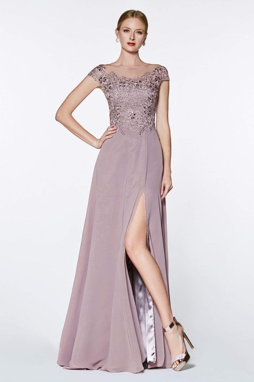 Cinderella Divine - ML937 Beaded Floral Lace Ornate Chiffon Gown Special Occasion Dress XS / Mauve