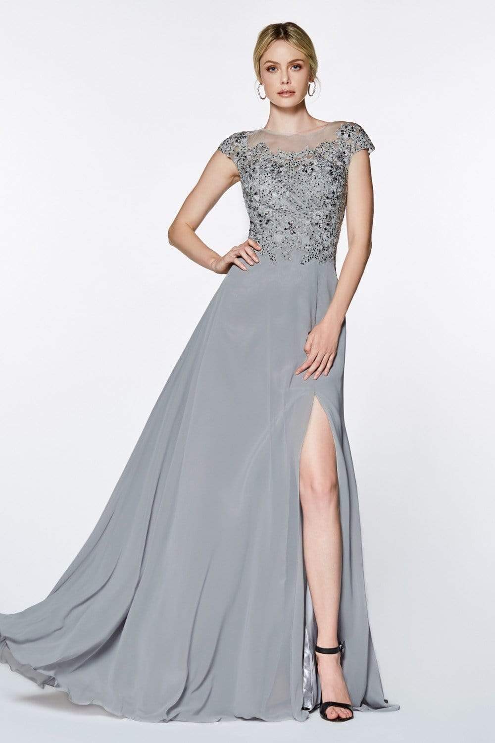 Cinderella Divine - ML937 Beaded Floral Lace Ornate Chiffon Gown Special Occasion Dress XS / Silver