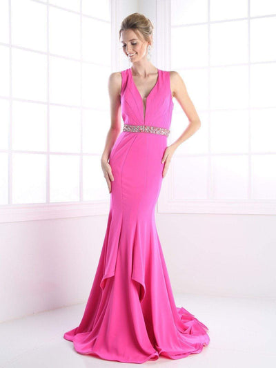 Cinderella Divine - P107 Bead Accented Deep V-neck Trumpet Dress Special Occasion Dress 2 / Fuchsia