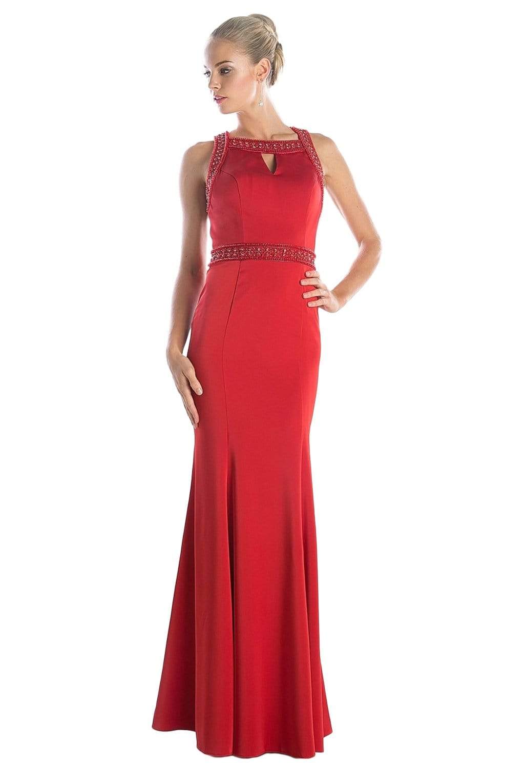 Cinderella Divine - P108 Beaded Back Long Sheath Dress Prom Dresses 2 / Red