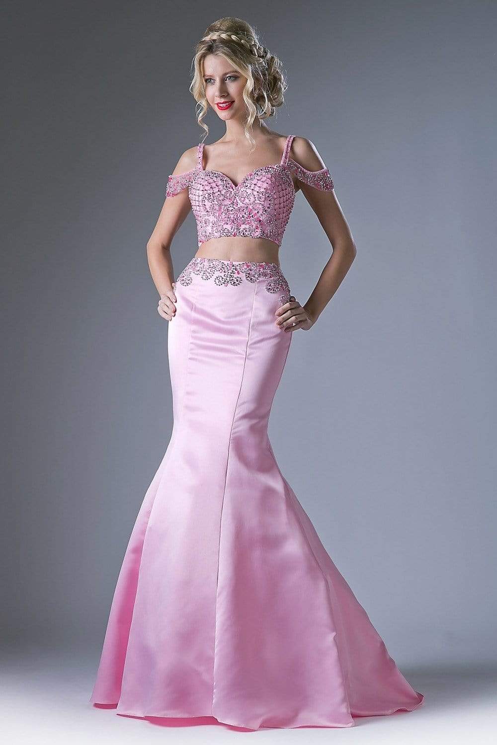 Cinderella Divine - P209 Two-Piece Jeweled Mermaid Gown Evening Dresses 2 / Pink
