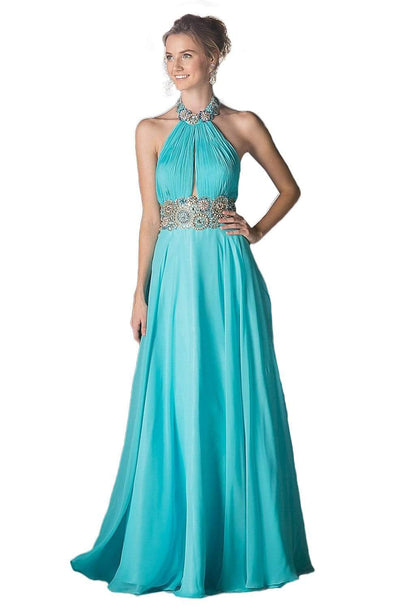 Cinderella Divine - PC905 Ruched Cutout Halter Chiffon Gown Prom Dresses 2 / Aqua