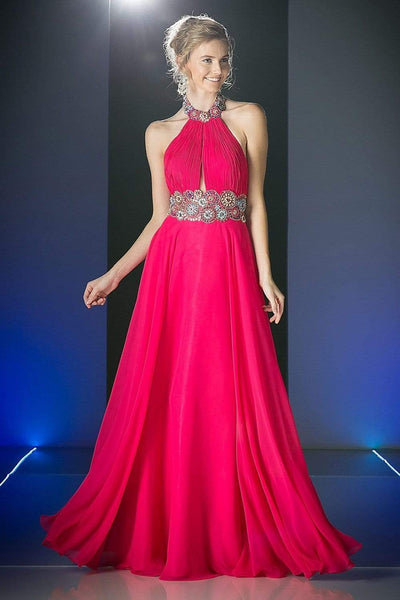 Cinderella Divine - PC905 Ruched Cutout Halter Chiffon Gown Prom Dresses 2 / Fuchsia