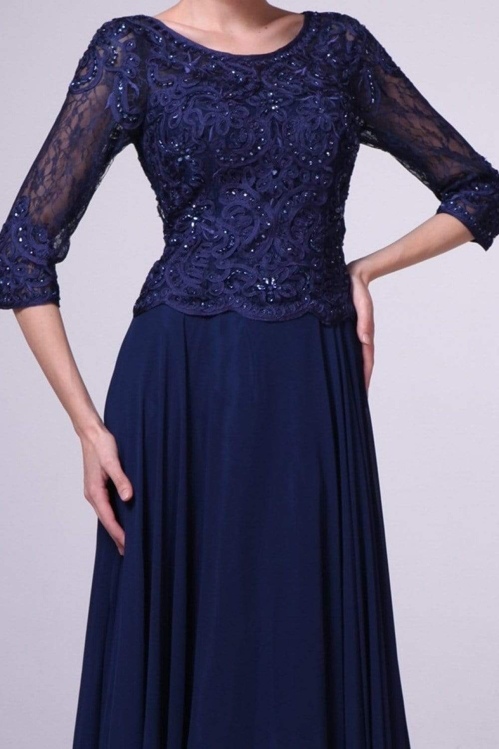 Cinderella Divine - Quarter Sleeve Laced Bodice A-Line Long Formal Dress - 1 pc Mocha in Size XL Available CCSALE