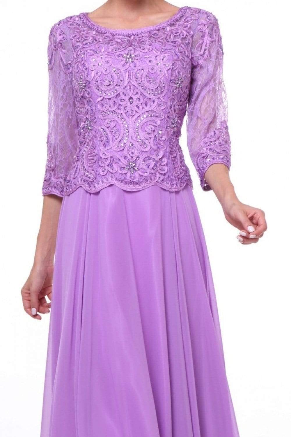 Cinderella Divine - Quarter Sleeve Laced Bodice A-Line Long Formal Dress - 1 pc Mocha in Size XL Available CCSALE