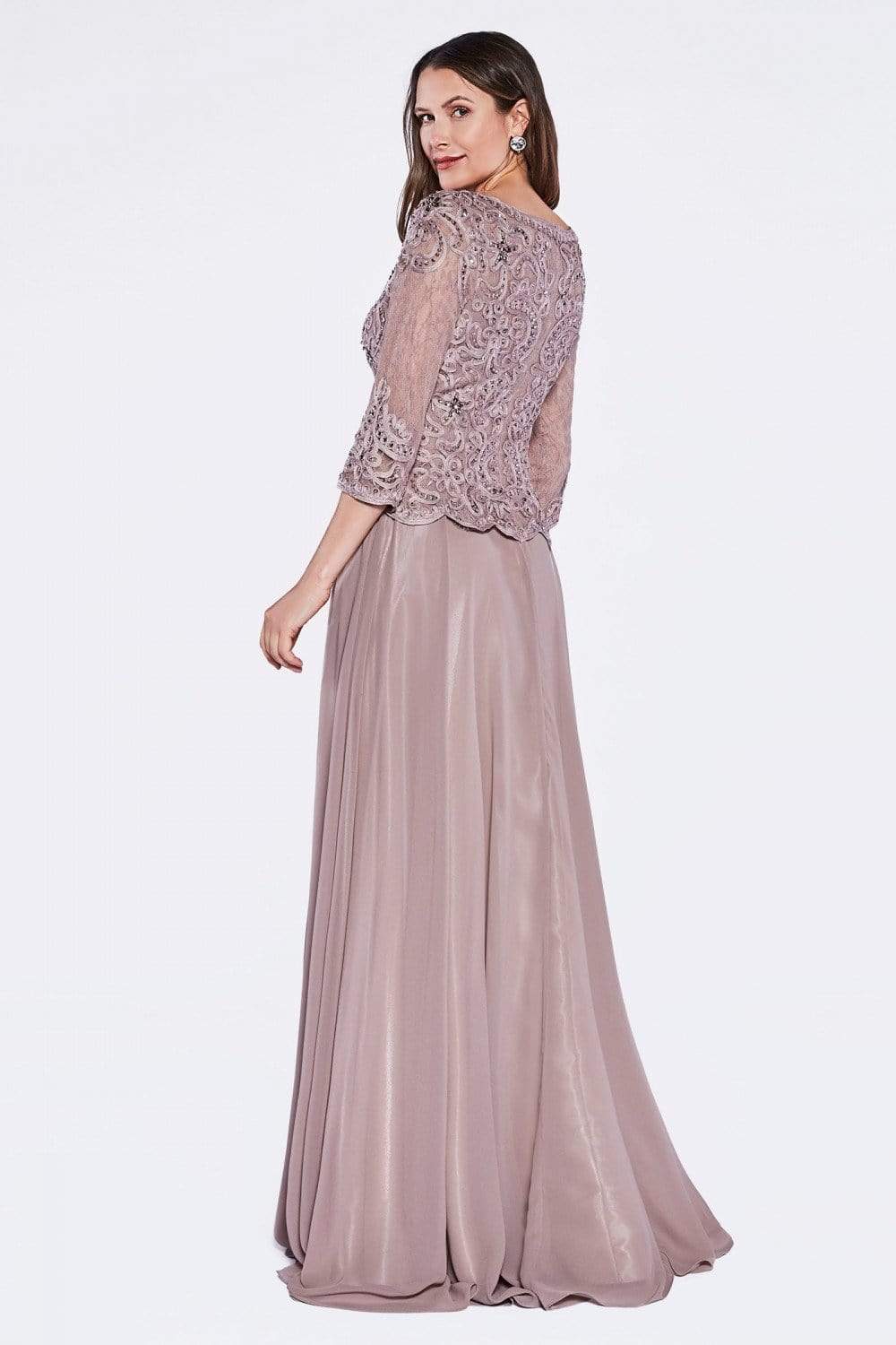 Cinderella Divine - Quarter Sleeve Laced Bodice A-Line Long Formal Dress - 1 pc Mocha in Size XL Available CCSALE