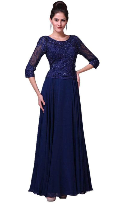 Cinderella Divine - Quarter Sleeve Laced Bodice A-Line Long Formal Dress - 1 pc Mocha in Size XL Available CCSALE 2X / Navy