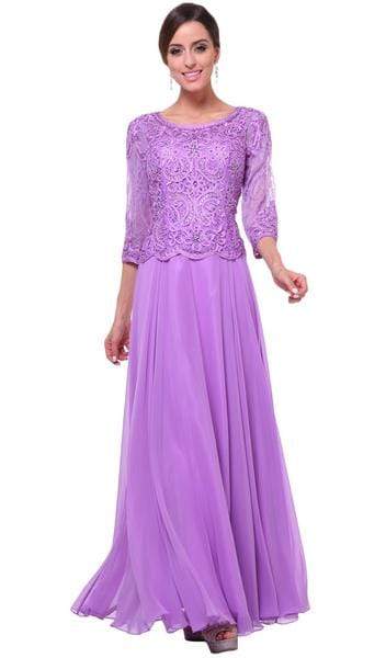 Cinderella Divine - Quarter Sleeve Laced Bodice A-Line Long Formal Dress - 1 pc Mocha in Size XL Available CCSALE XL / Lilac
