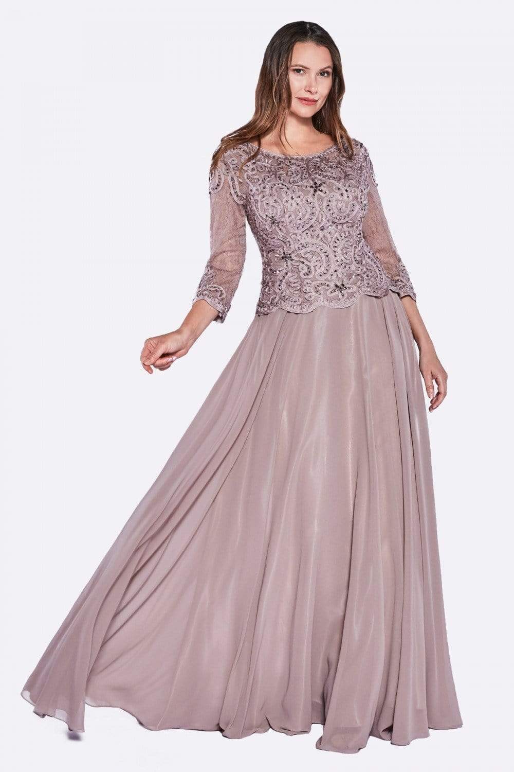 Cinderella Divine - Quarter Sleeve Laced Bodice A-Line Long Formal Dress - 1 pc Mocha in Size XL Available CCSALE XL / Mocha
