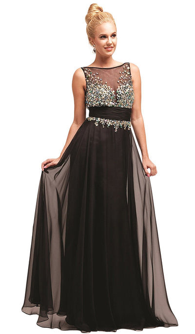 Cinderella Divine - Rhinestone Embellished Sheer Chiffon Evening Dress Special Occasion Dress 2 / Black