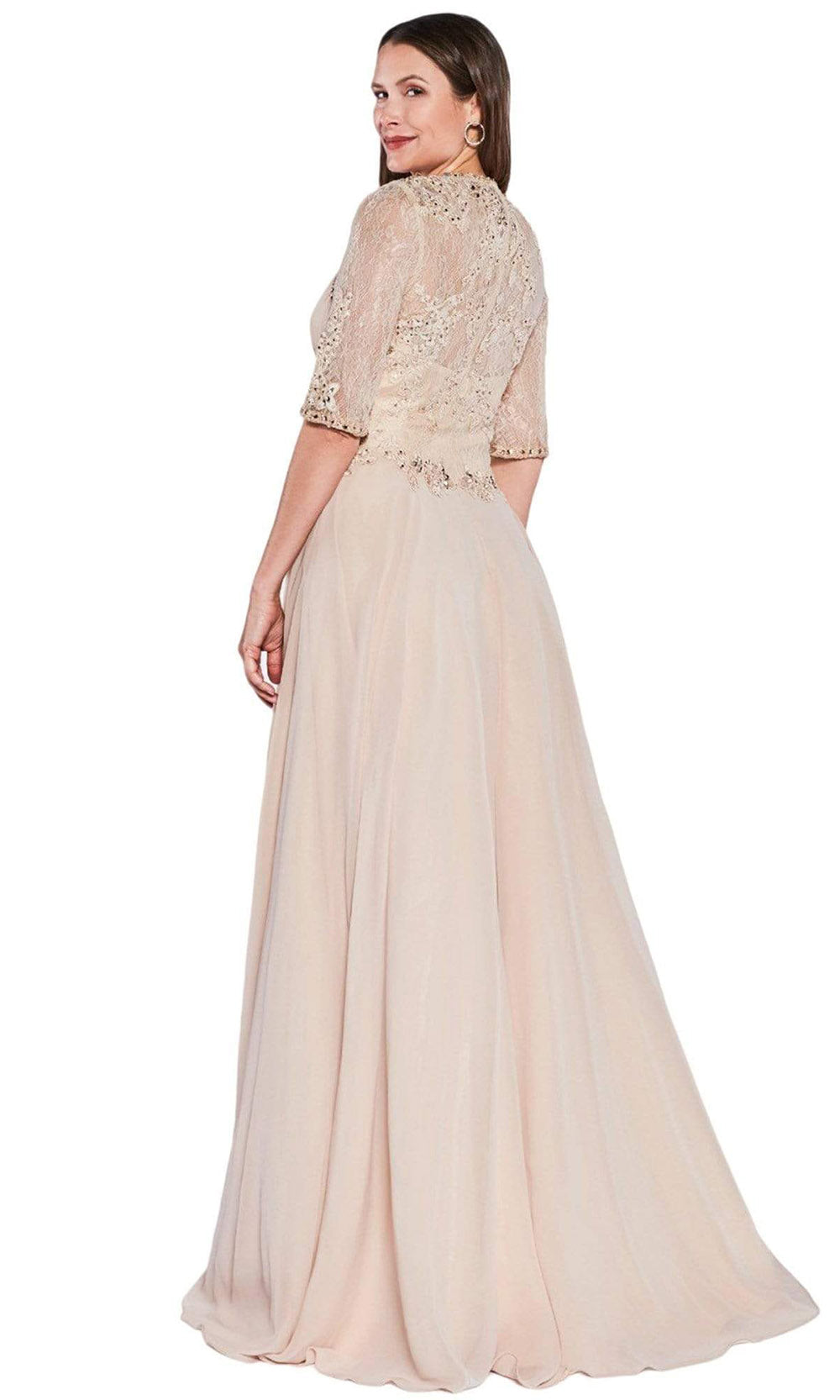 Cinderella Divine - Quarter Sleeve Chiffon A-Line Dress RV774SC In Neutral