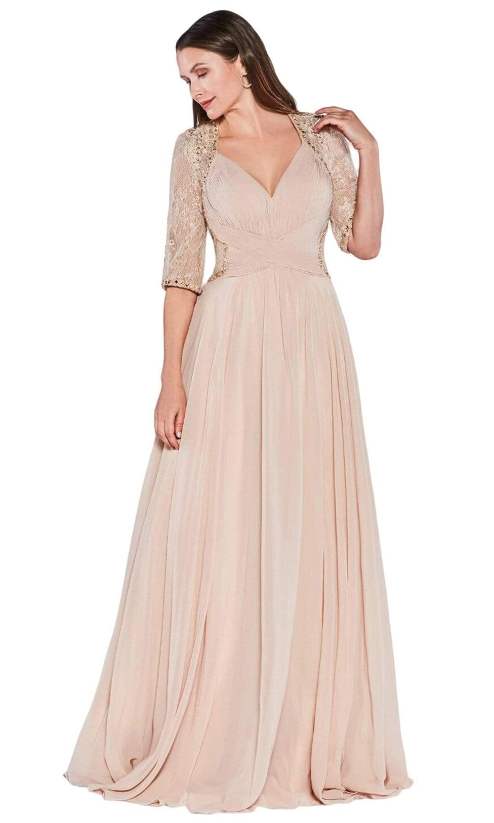 Cinderella Divine - Quarter Sleeve Chiffon A-Line Dress RV774SC In Neutral