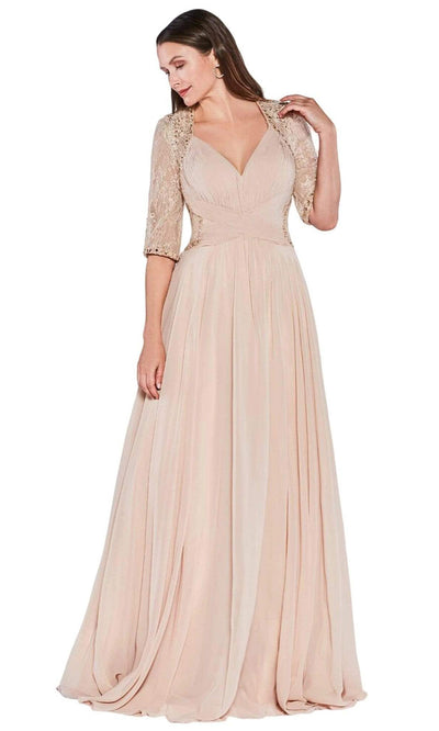 Cinderella Divine - Quarter Sleeve Chiffon A-Line Dress RV774SC In Neutral