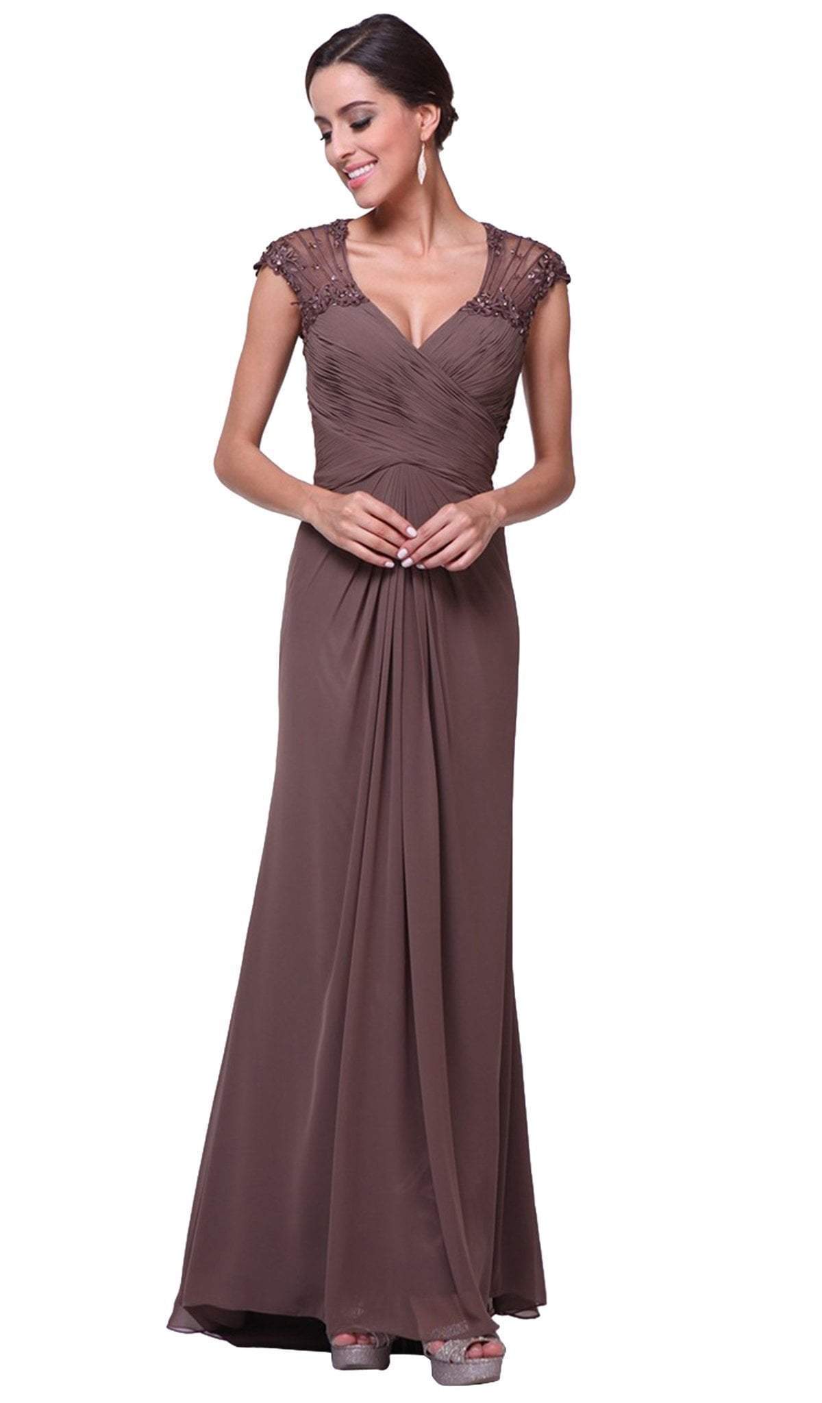Cinderella Divine - Sheer Embellished V-neck Sheath Dress Special Occasion Dress XS / Brown