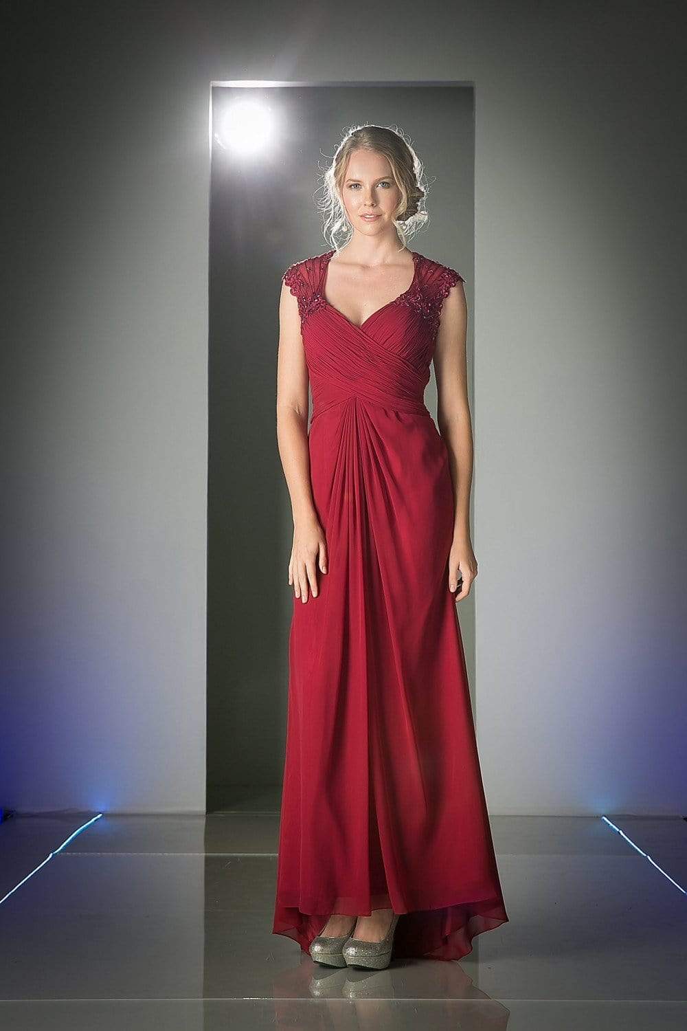Cinderella Divine - Sheer Embellished V-neck Sheath Dress Special Occasion Dress XS / Burgundy