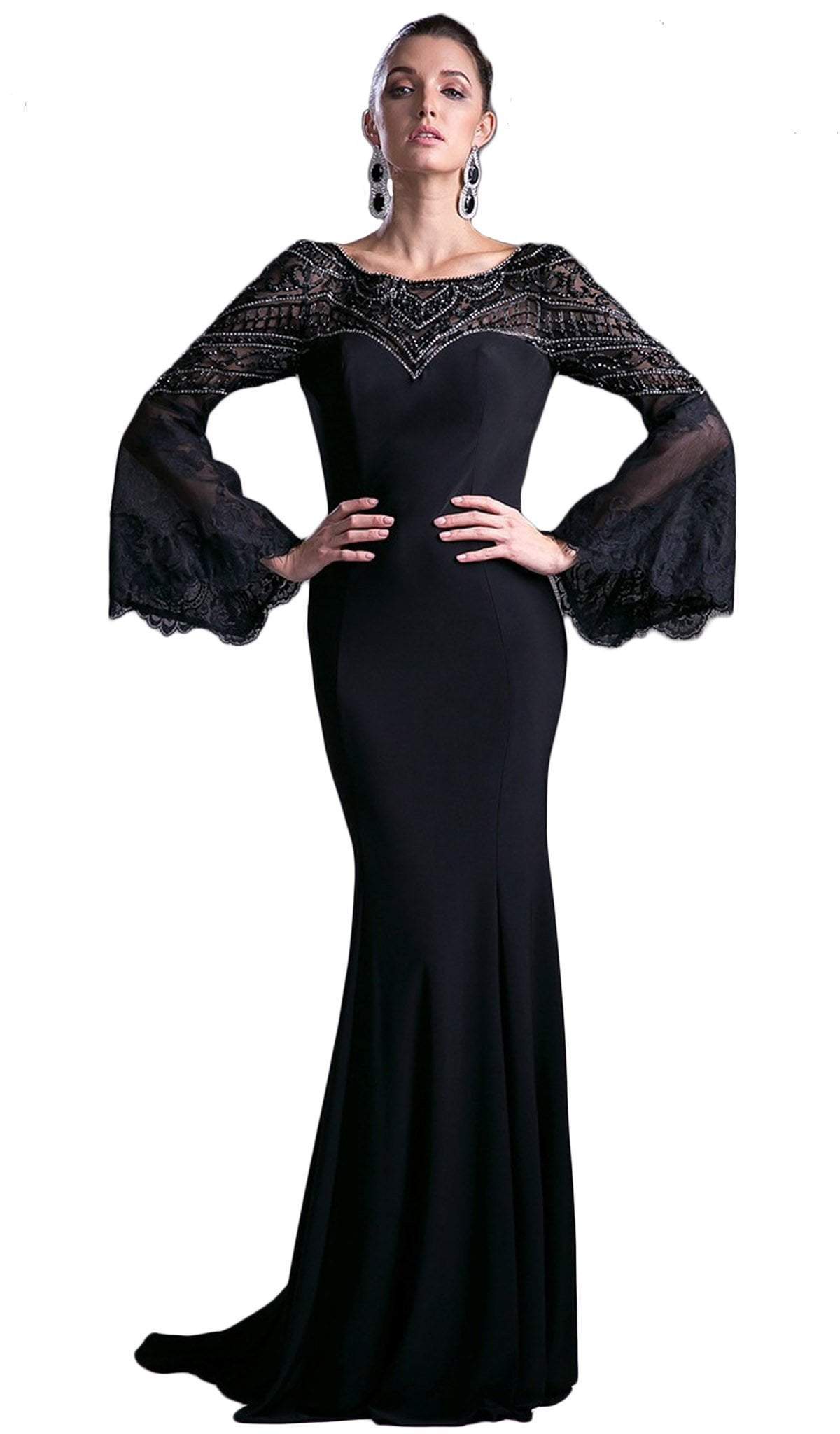 Cinderella Divine - Sheer Long Bell Sleeves Sheath Evening Gown Special Occasion Dress 2 / Black