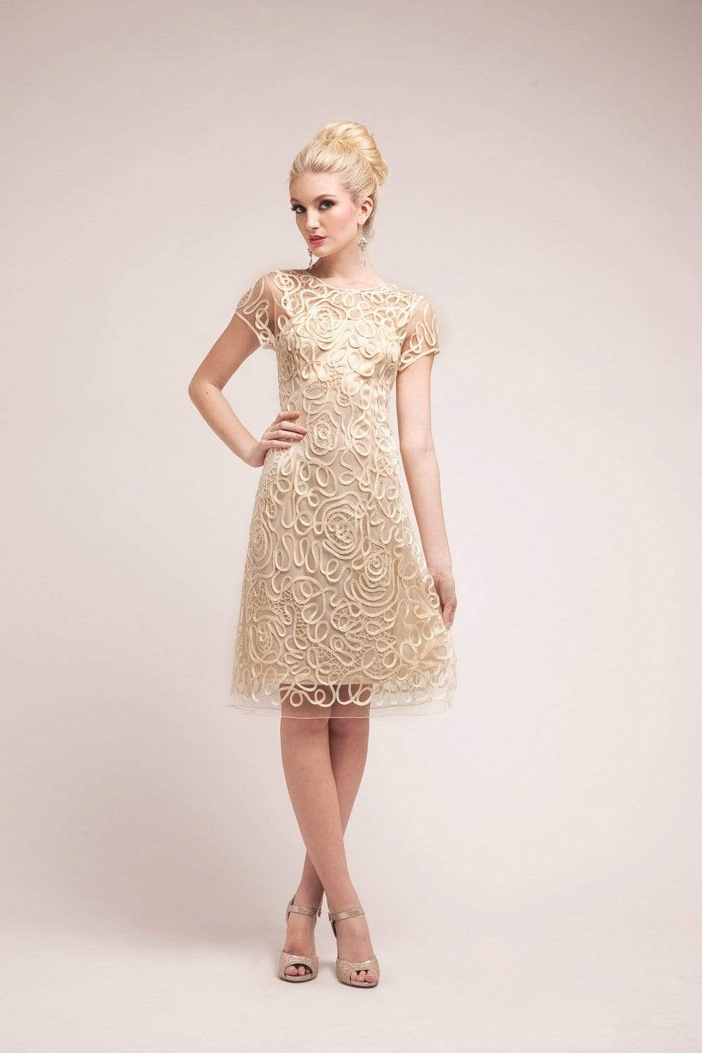 Cinderella Divine - Short Sleeve Illusion Bateau Sheath Dress Special Occasion Dress