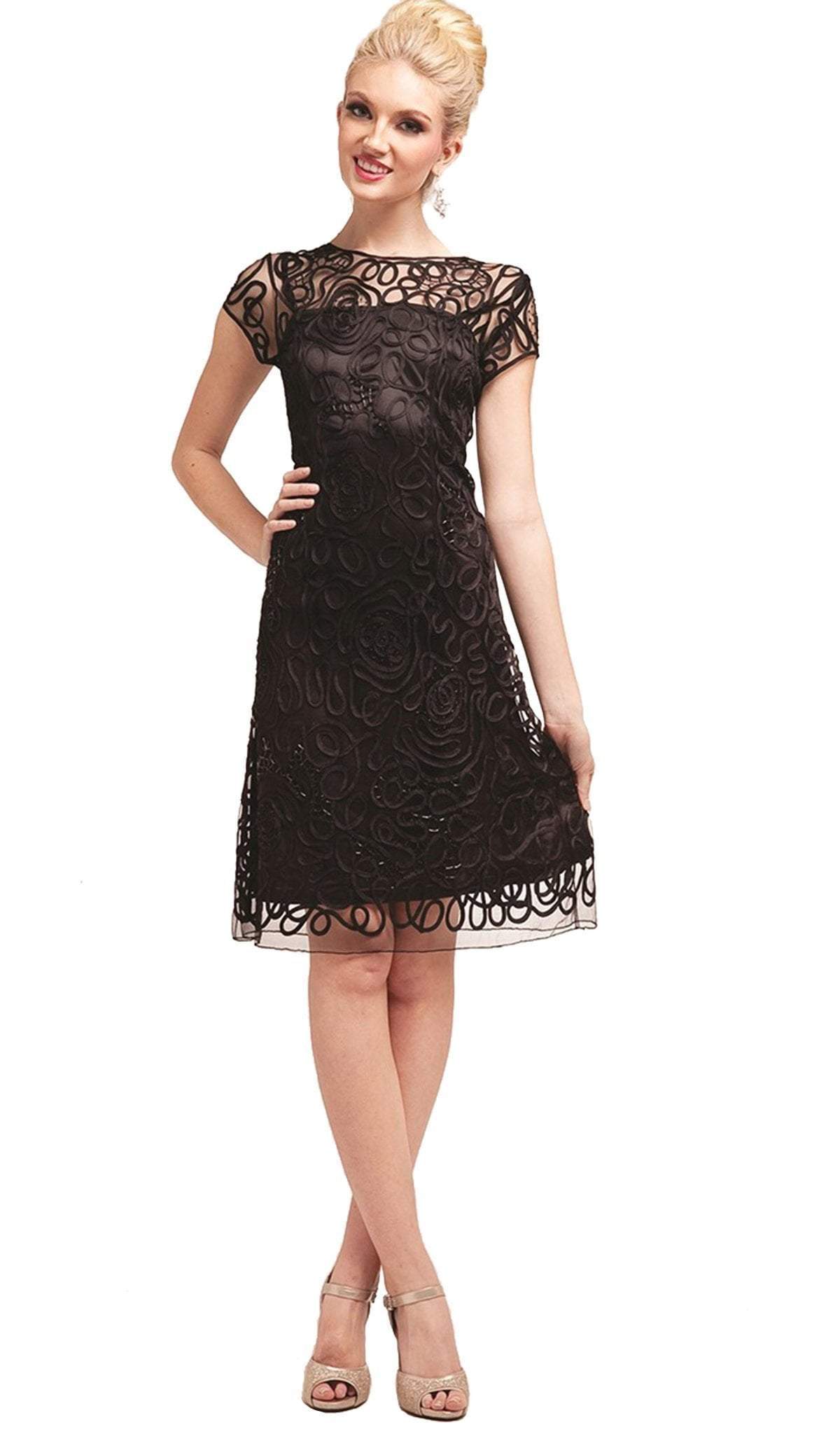 Cinderella Divine - Short Sleeve Illusion Bateau Sheath Dress Special Occasion Dress XS / Black