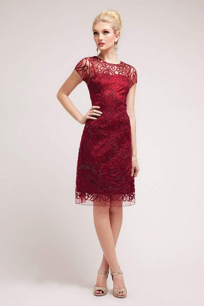 Cinderella Divine - Short Sleeve Illusion Bateau Sheath Dress Special Occasion Dress XS / Burgundy