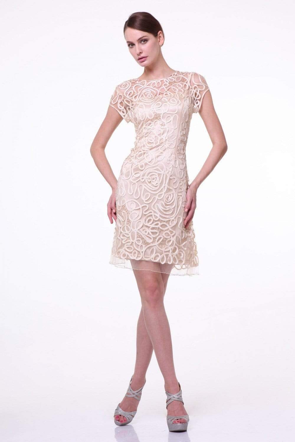 Cinderella Divine - Short Sleeve Illusion Bateau Sheath Dress Special Occasion Dress XS / Champagne
