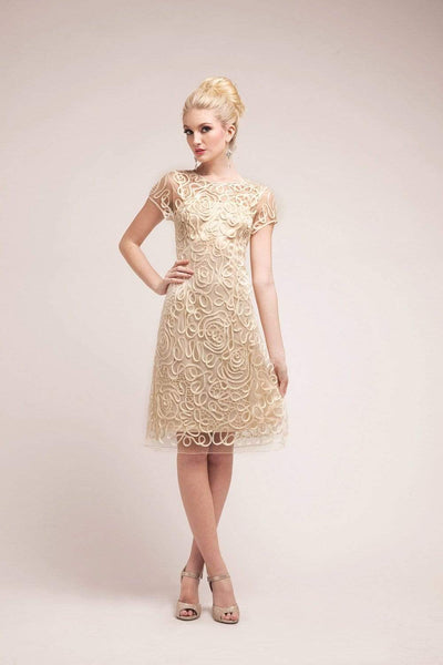 Cinderella Divine - Short Sleeve Illusion Bateau Sheath Dress Special Occasion Dress XS / Cream