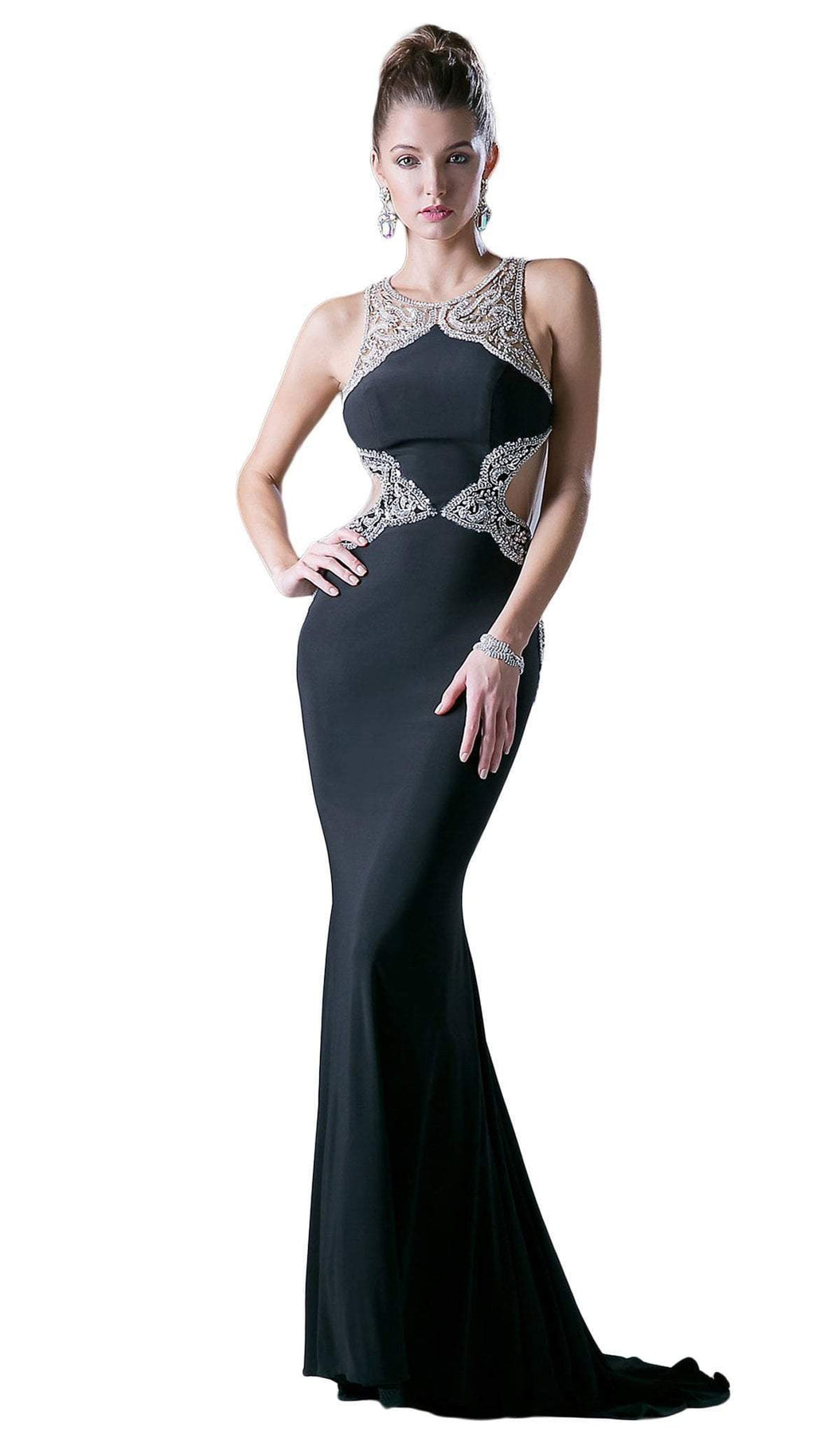 Cinderella Divine - Sleeveless Beaded Halter Jersey Sheath Dress Special Occasion Dress 2 / Black