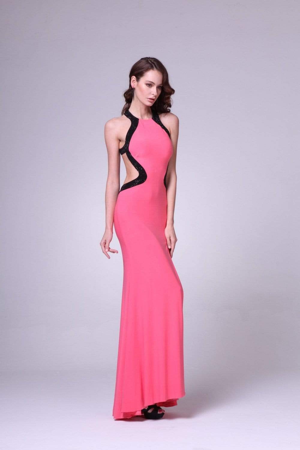 Cinderella Divine - Sleeveless Embellished Halter Jersey Sheath Dress Special Occasion Dress 2 / Coral