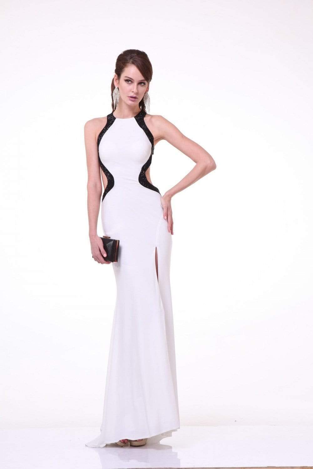 Cinderella Divine - Sleeveless Embellished Halter Jersey Sheath Dress Special Occasion Dress 2 / Off White