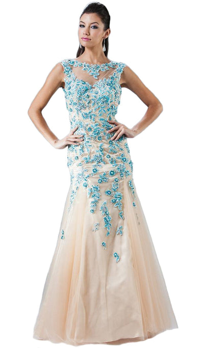 Cinderella Divine - Sleeveless Floral Embellished Mermaid Evening Gown Special Occasion Dress 2 / Gold-Blue