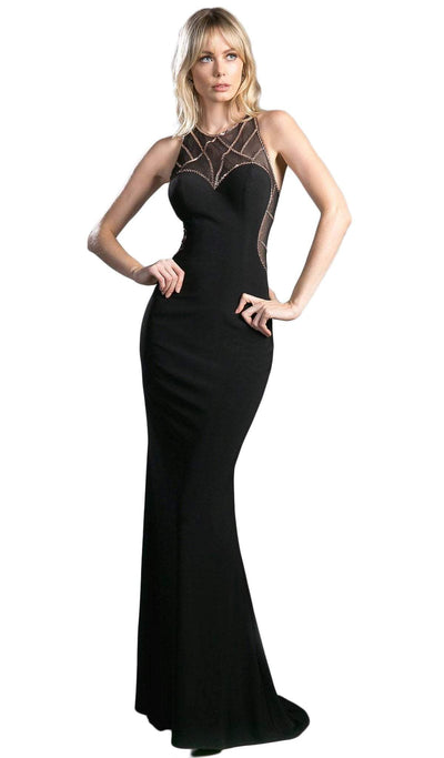 Cinderella Divine - Sleeveless Illusion Beaded Sheath Evening Gown Special Occasion Dress XXS / Black-Gold