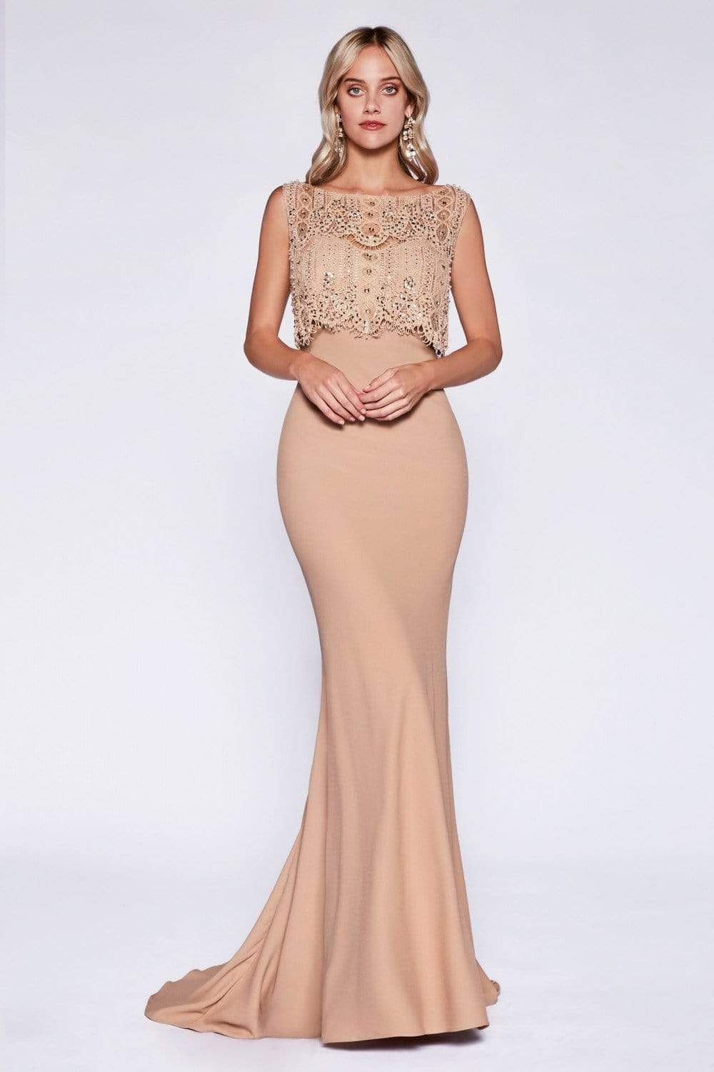 Cinderella Divine - Sleeveless Lace Popover Fitted Evening Gown Special Occasion Dress 2 / Khaki
