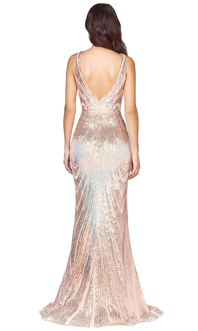 Cinderella Divine - Plunging Sequined Trumpet Dress J9582SC In Pink and Gold