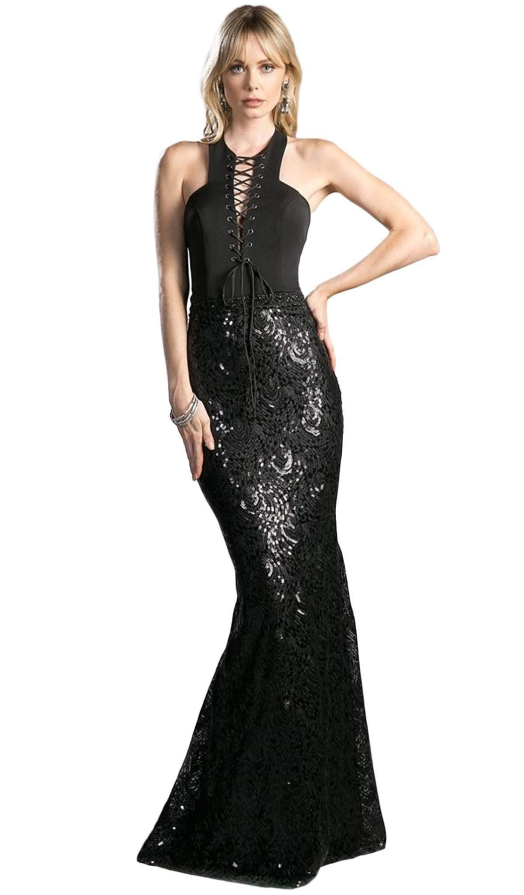 Cinderella Divine - Sleeveless Sequined Sheath Evening Gown Special Occasion Dress 2 / Black