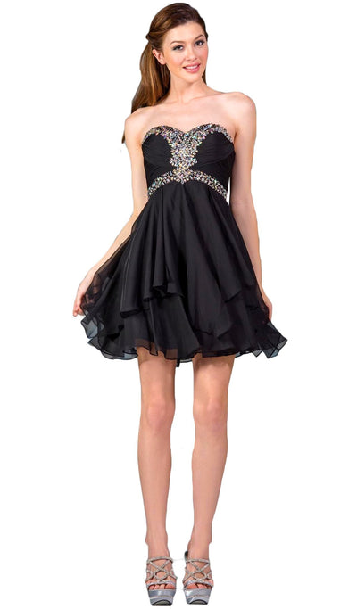 Cinderella Divine - Strapless Sweetheart Tiered Hem A-Line Cocktail Dress Special Occasion Dress 2 / Black