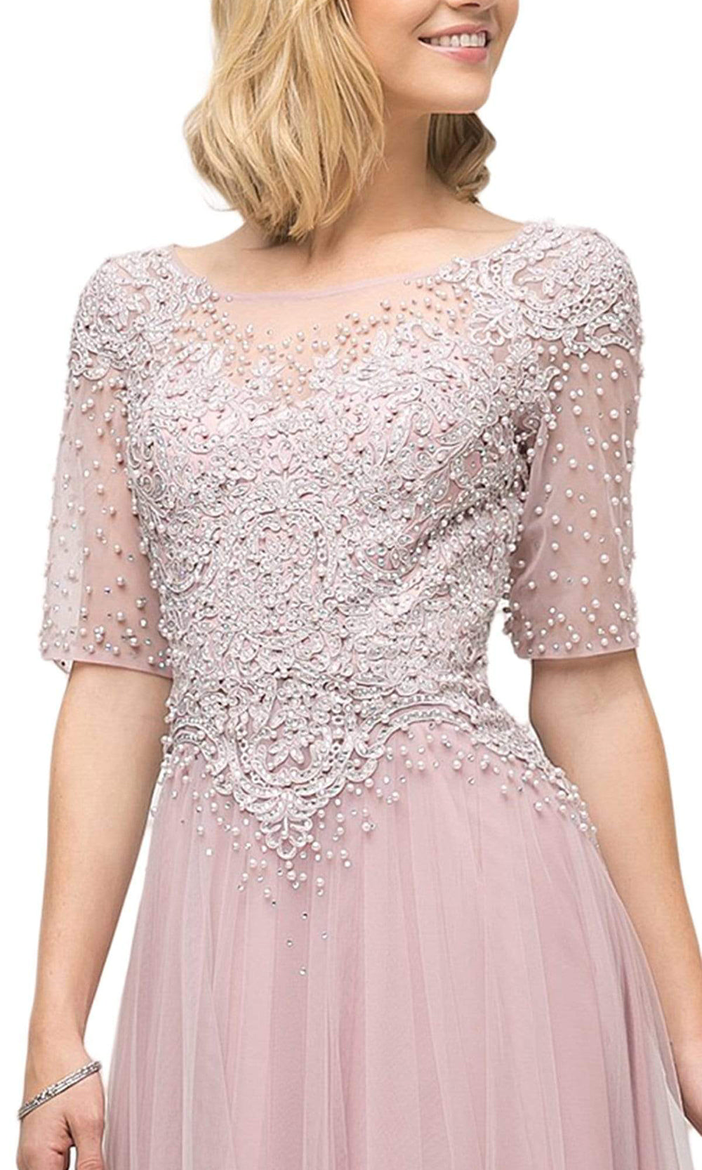 Cinderella Divine - U101SC Pearl Detailed Tulle Long Gown In Pink