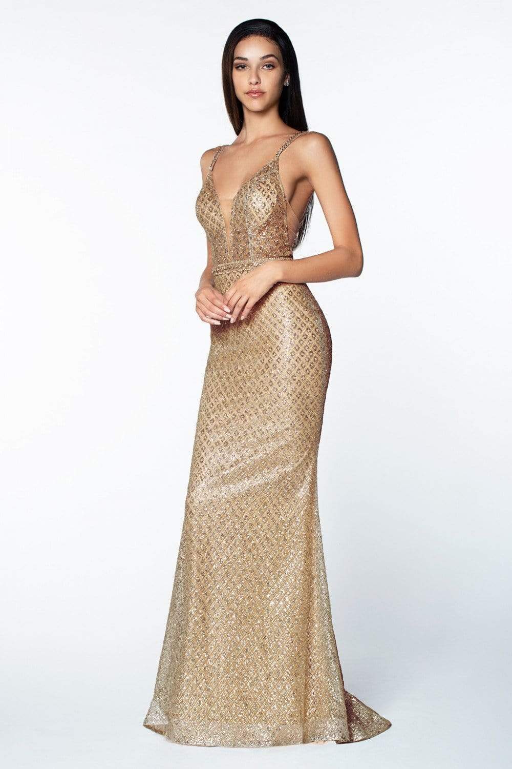 Cinderella Divine - U102 Glitter Print Plunging V-Neck Gown Evening Dresses 2 / Rose Gold