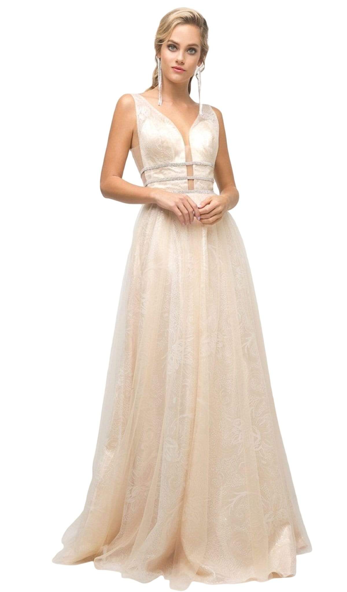 Cinderella Divine - UE011 Plunging Beaded Tri-Band A-Line Gown Special Occasion Dress 2 / Champagne