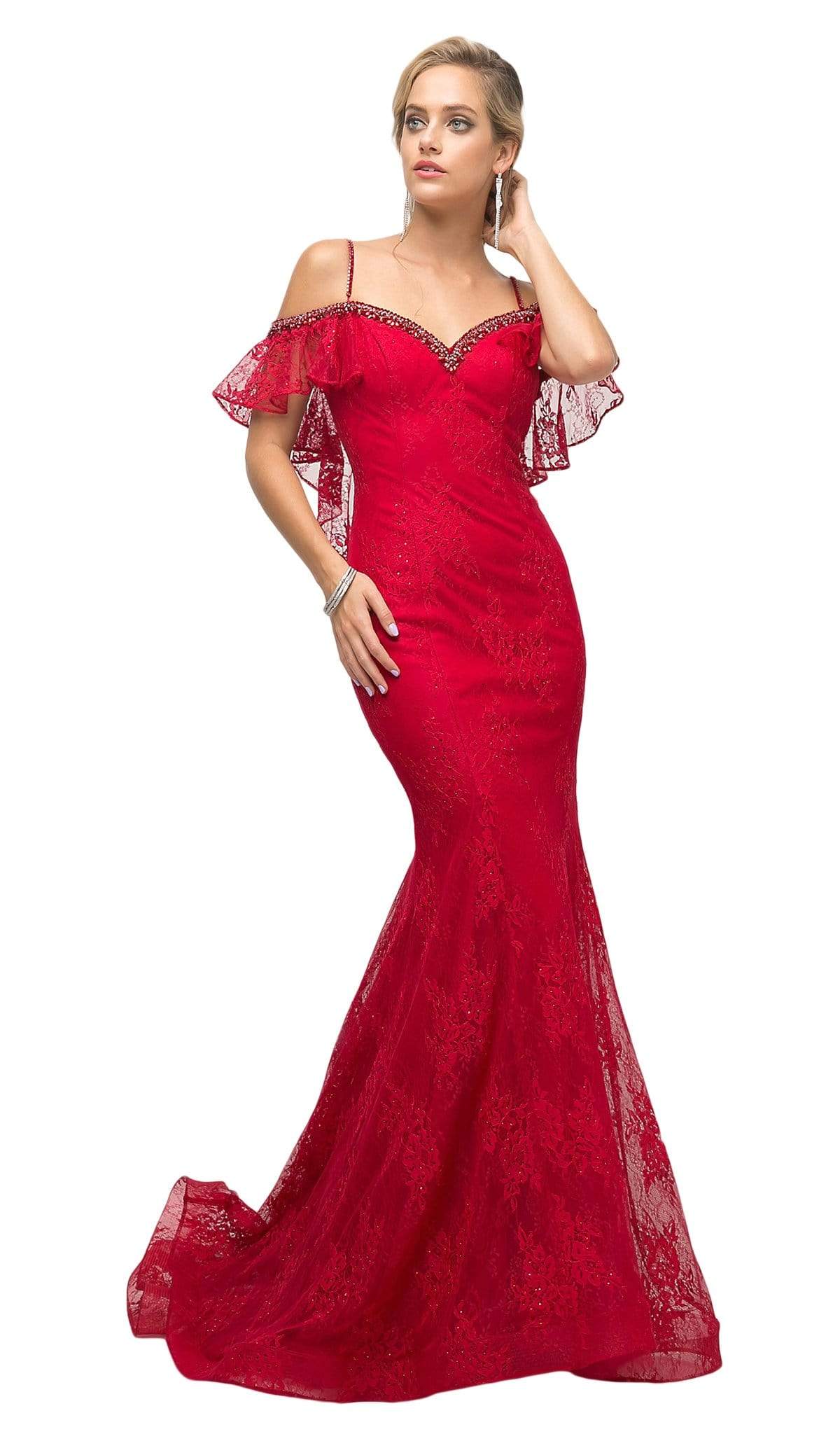 Cinderella Divine - UH552 Beaded Cold Shoulder Mermaid Dress Special Occasion Dress 2 / Red